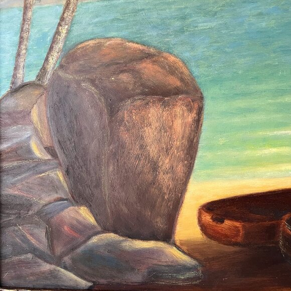 Vintage Original Tropical Seascape Oil Painting Beach Island Canoe Palms Signed - Picture 4 of 10